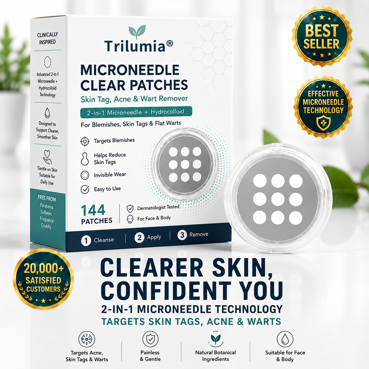 💦✨2-in-1 Microneedle & Hydrocolloid Patch🍀| Removes Raised Moles, Acne, Flat Warts & Skin Tags | Helps Improve Wrinkles, Scars & Blemishes | Invisible Patches for Face & Body